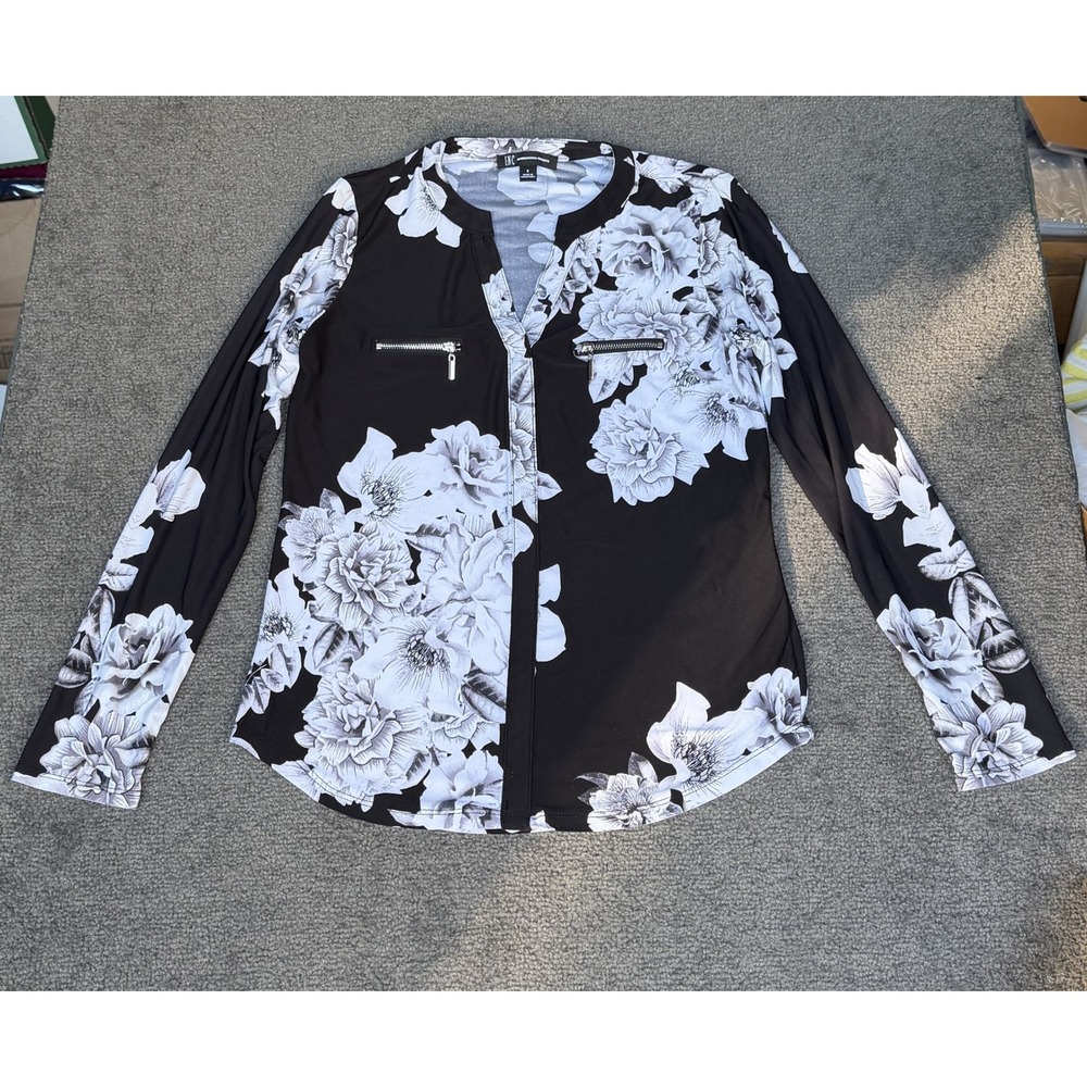 INC International Concepts Black White Floral Zipper Accent Long Sleeve Top S